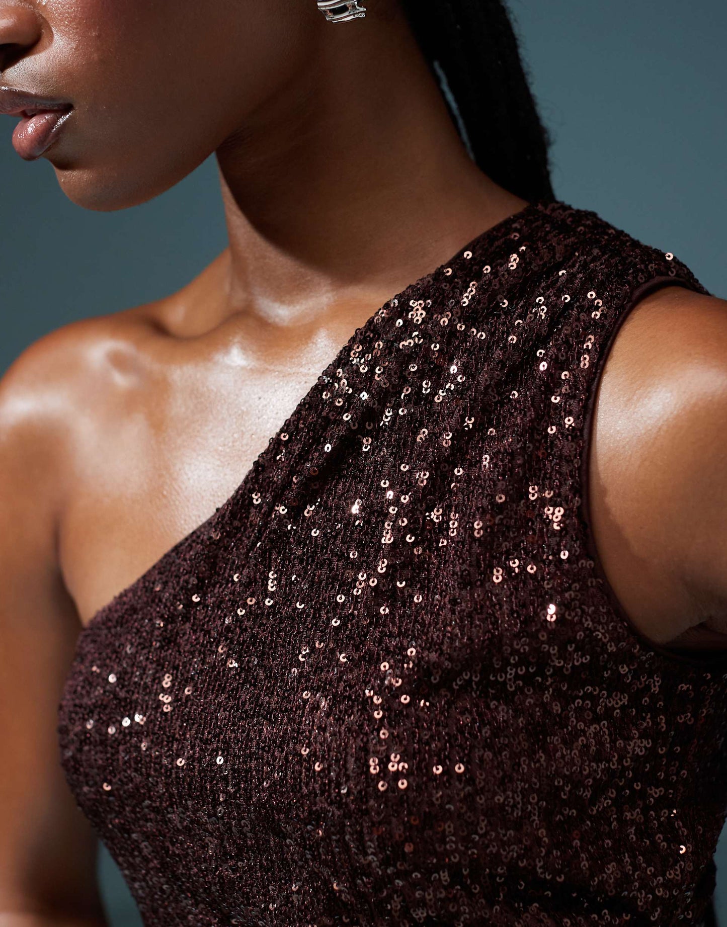 ASOS DESIGN sequin one shoulder ruched cut-out top