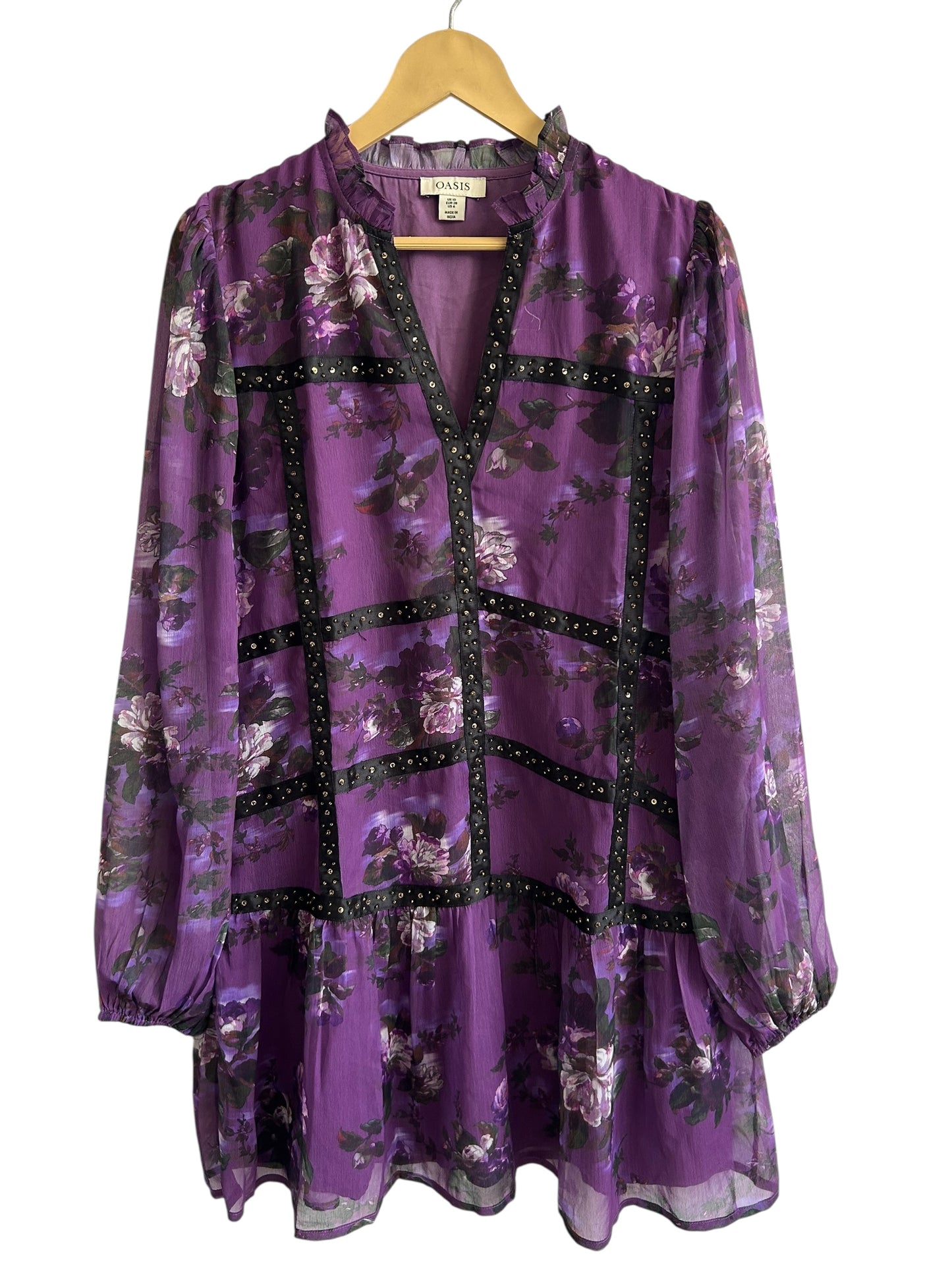 Oasis Printed Embellished Trim Detail Chiffon Dress