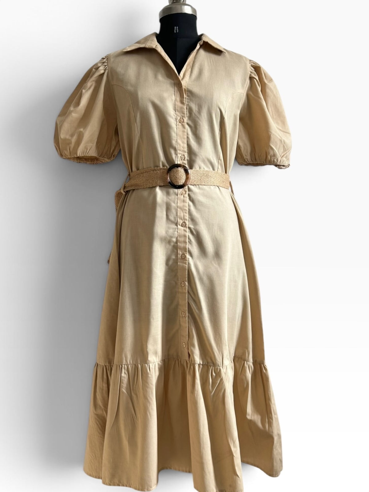 Beige Cotton Dress with Belt
