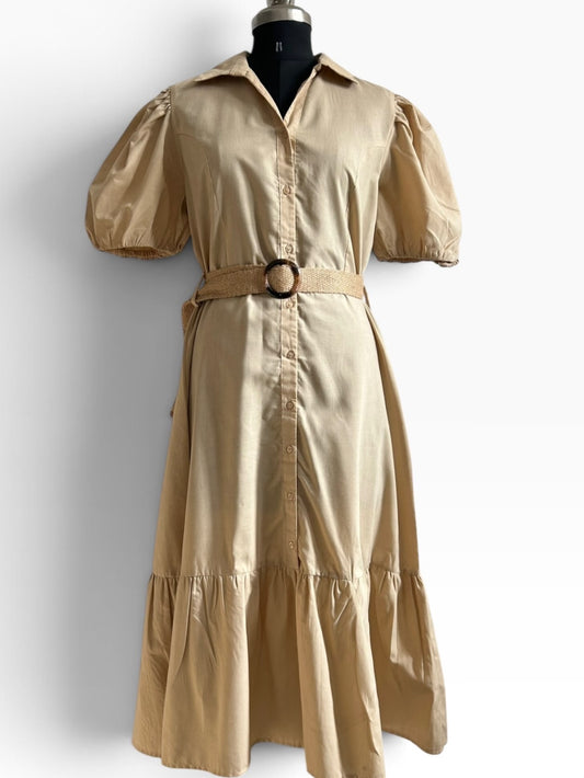 Beige Cotton Dress with Belt