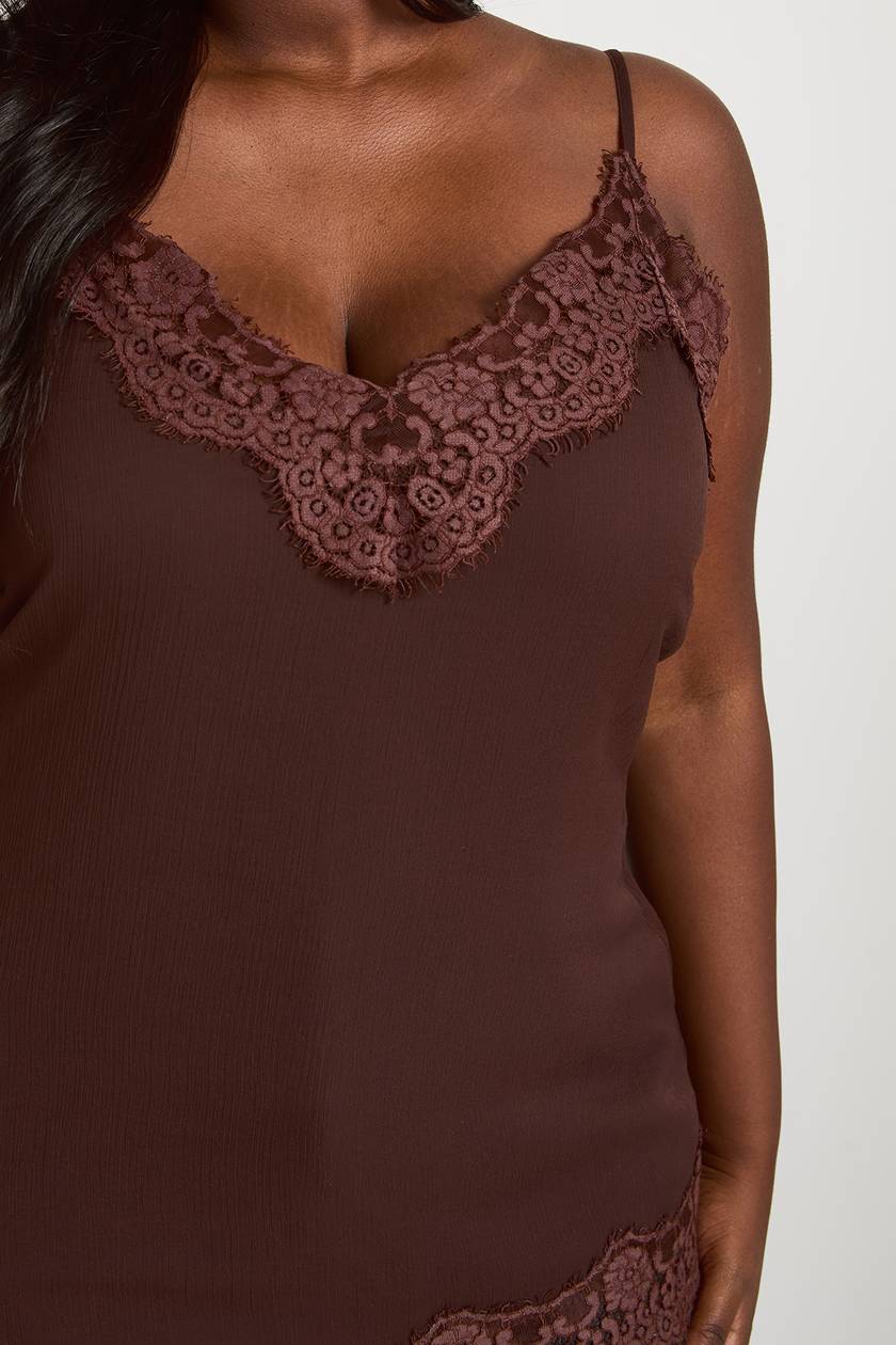 BOOHOO Lace Trim Chiffon Asymmetric Cami Top