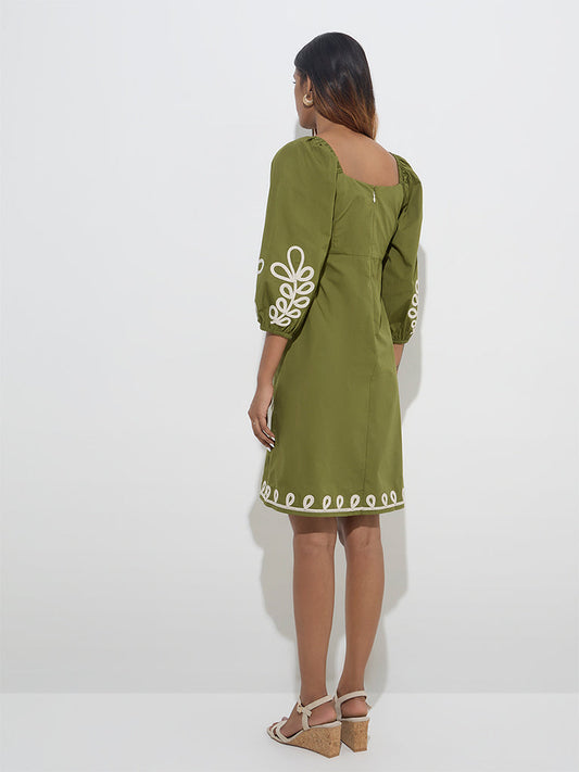 Olive Embroidered Cotton A-Line Dress