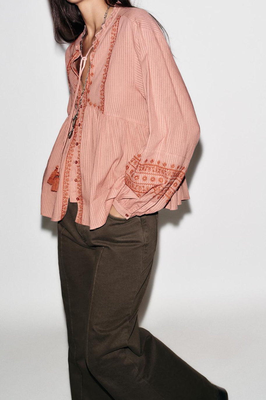 Contrast Embroidery Blouse- Marsala-42”