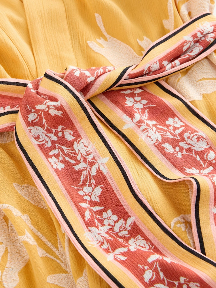 Rockett St George Ochre Yellow Floral Print Embroidered Robe: Bust-46/48