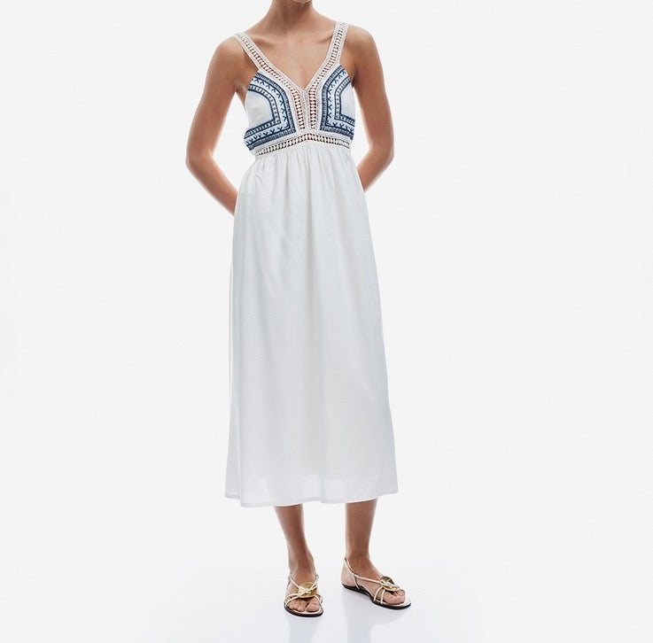 KOTON Embroidered Spaghetti Strappy Midi Dress