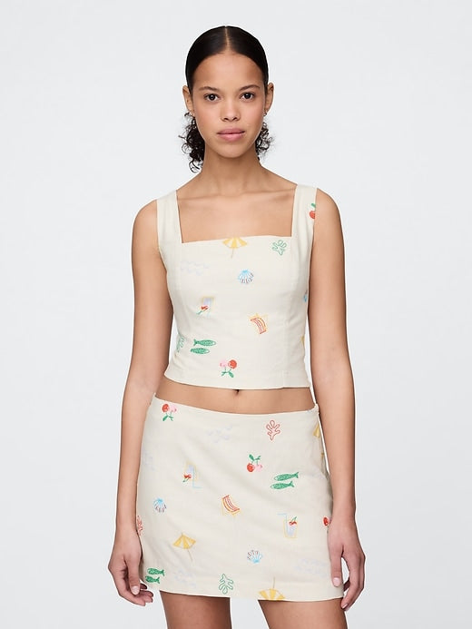 Cotton Linen Embroidered Skort Set