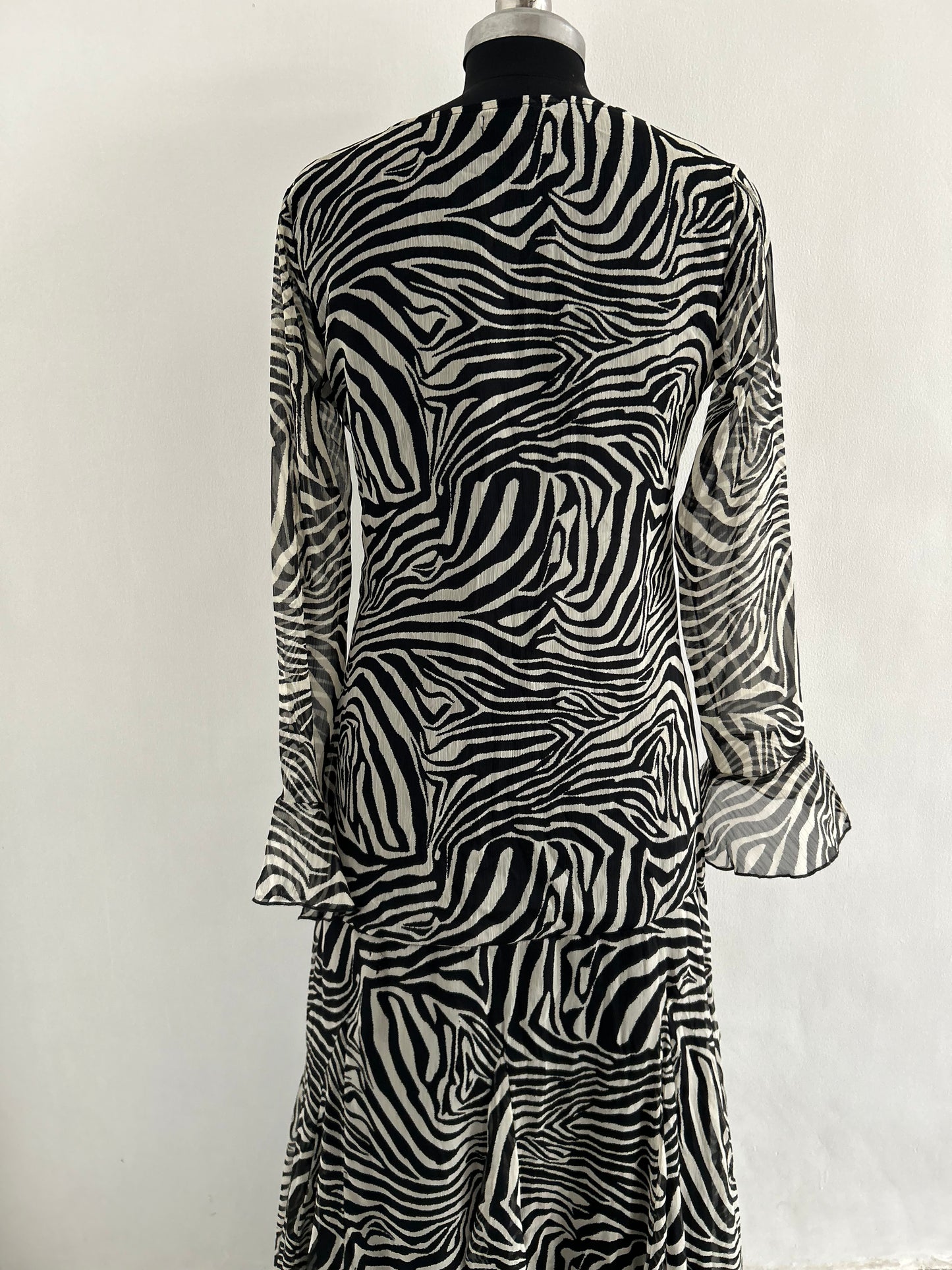 Boohoo Chiffon Ruffle Zebra Fit & Flare Maxi Dress in black