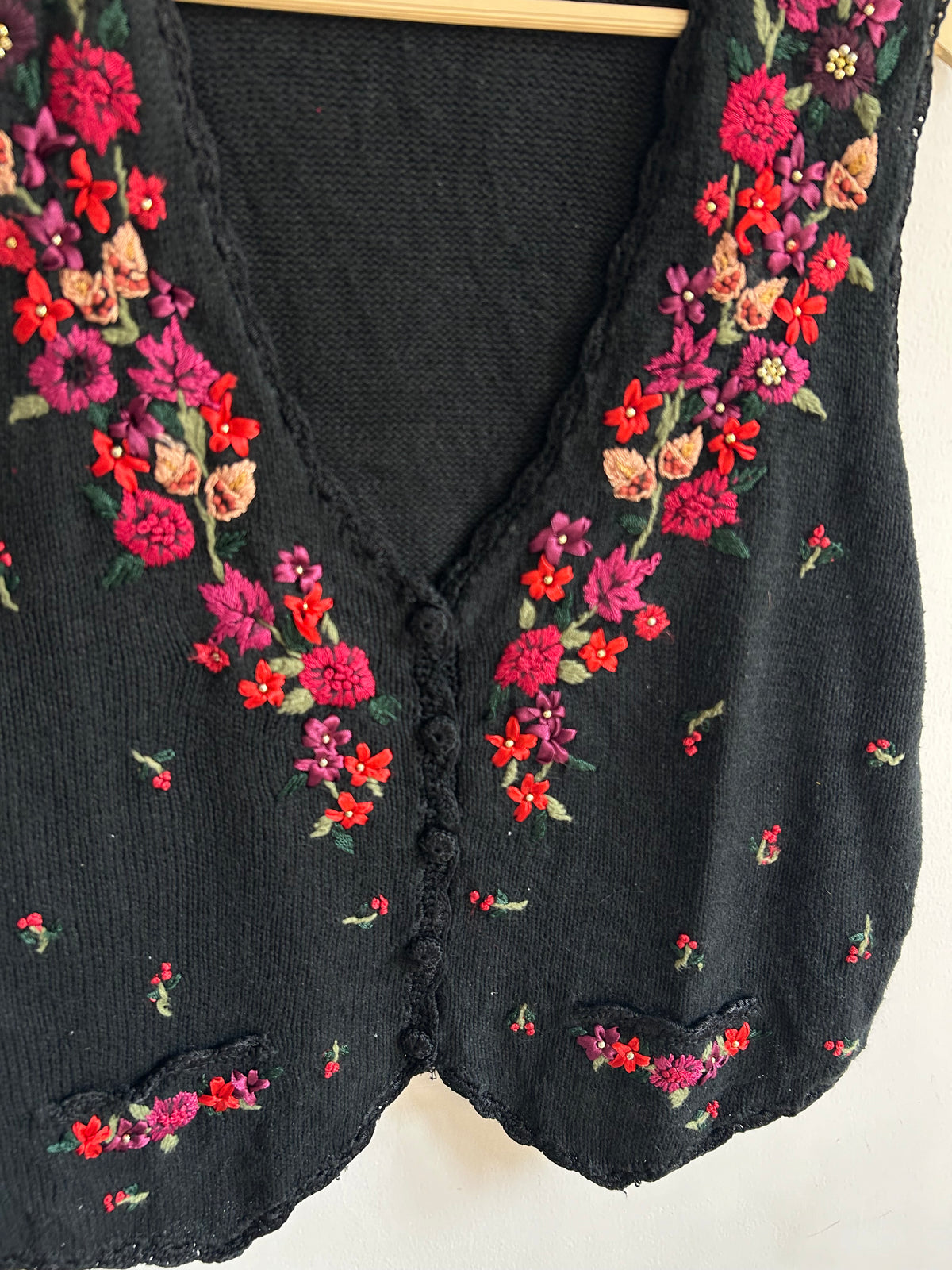 Floral Embroidered Black Vest