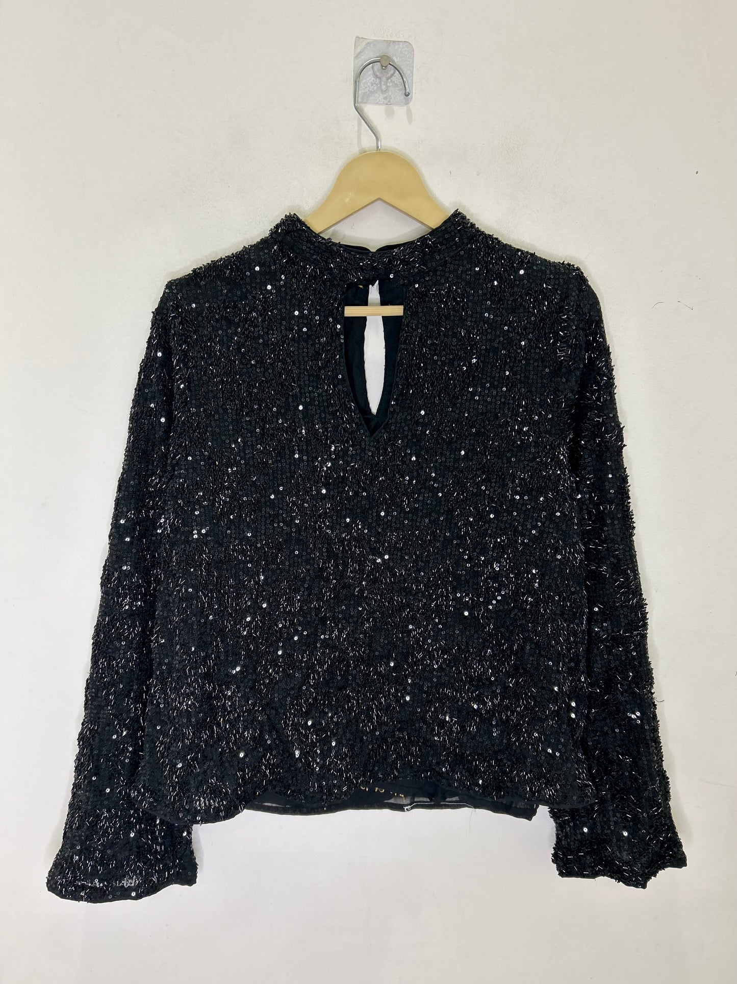 Black Sequin Keyhole Long Sleeve Top