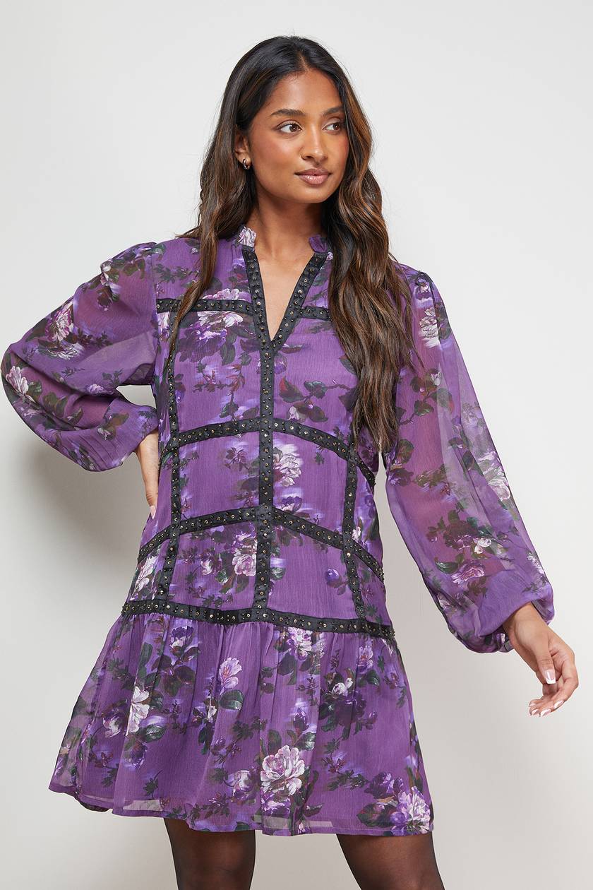 Oasis Printed Embellished Trim Detail Chiffon Dress