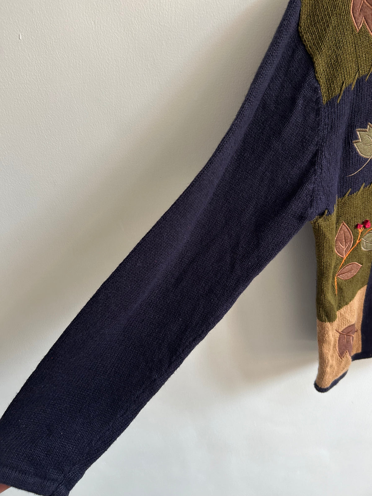 Vintage Autumn Leaf Patchwork Knit Navy Blue Cardigan