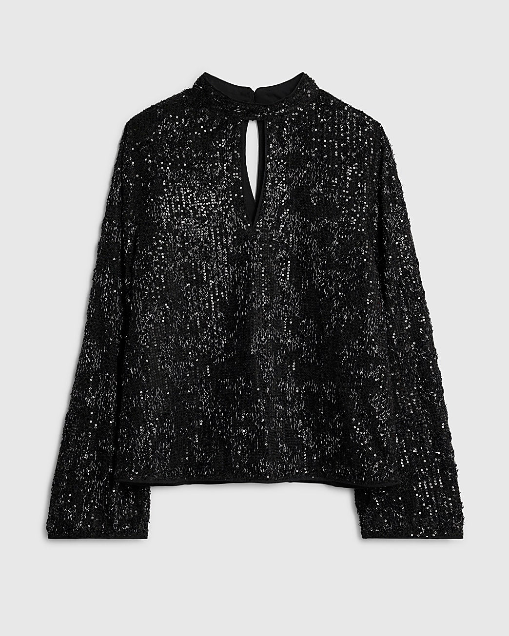 Black Sequin Keyhole Long Sleeve Top