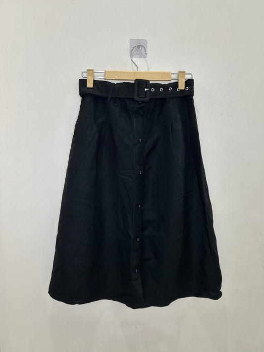 Linen Solid Black Skirt with Belt