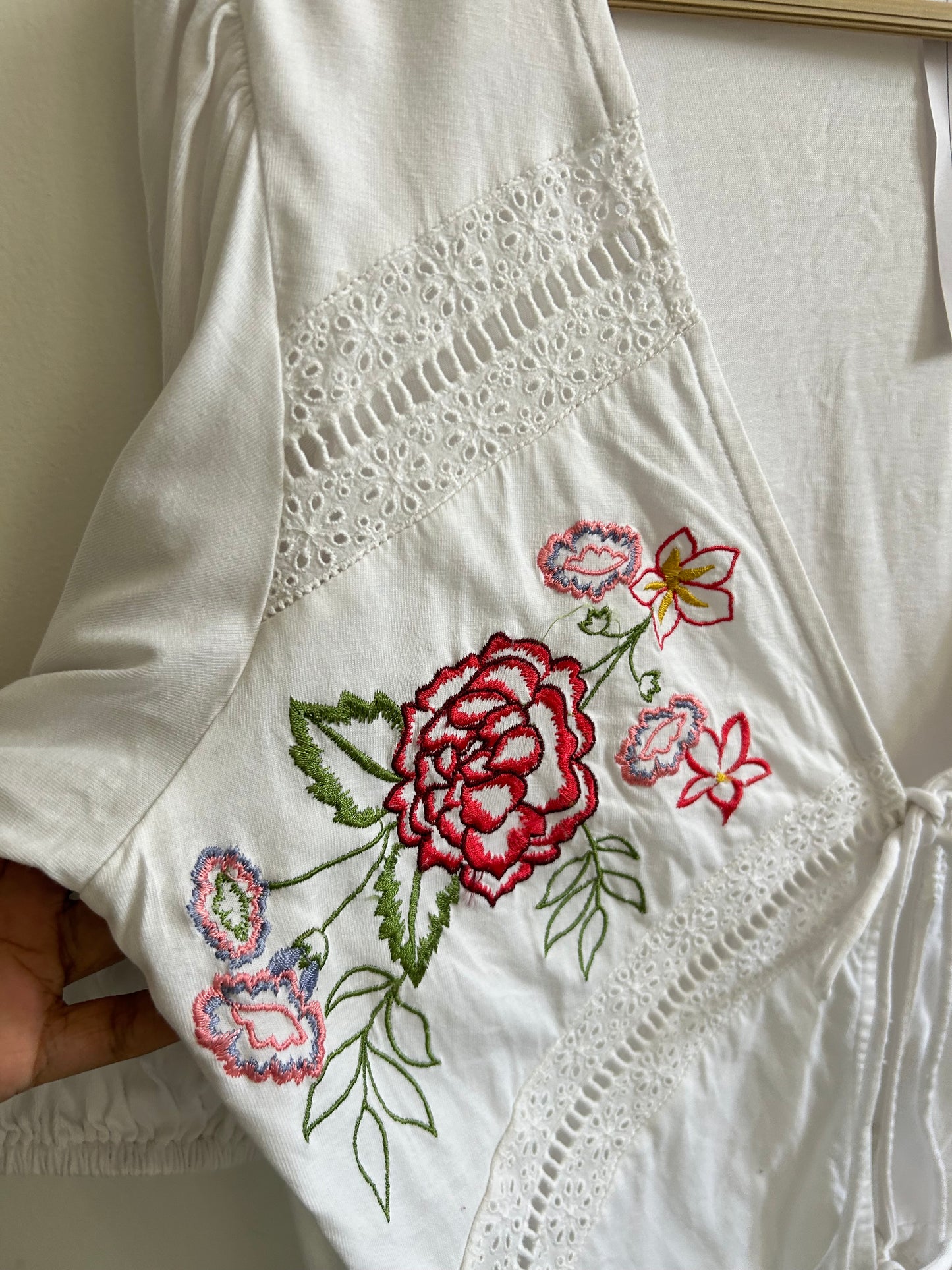 ASOS DESIGN tie front top with floral embroidery