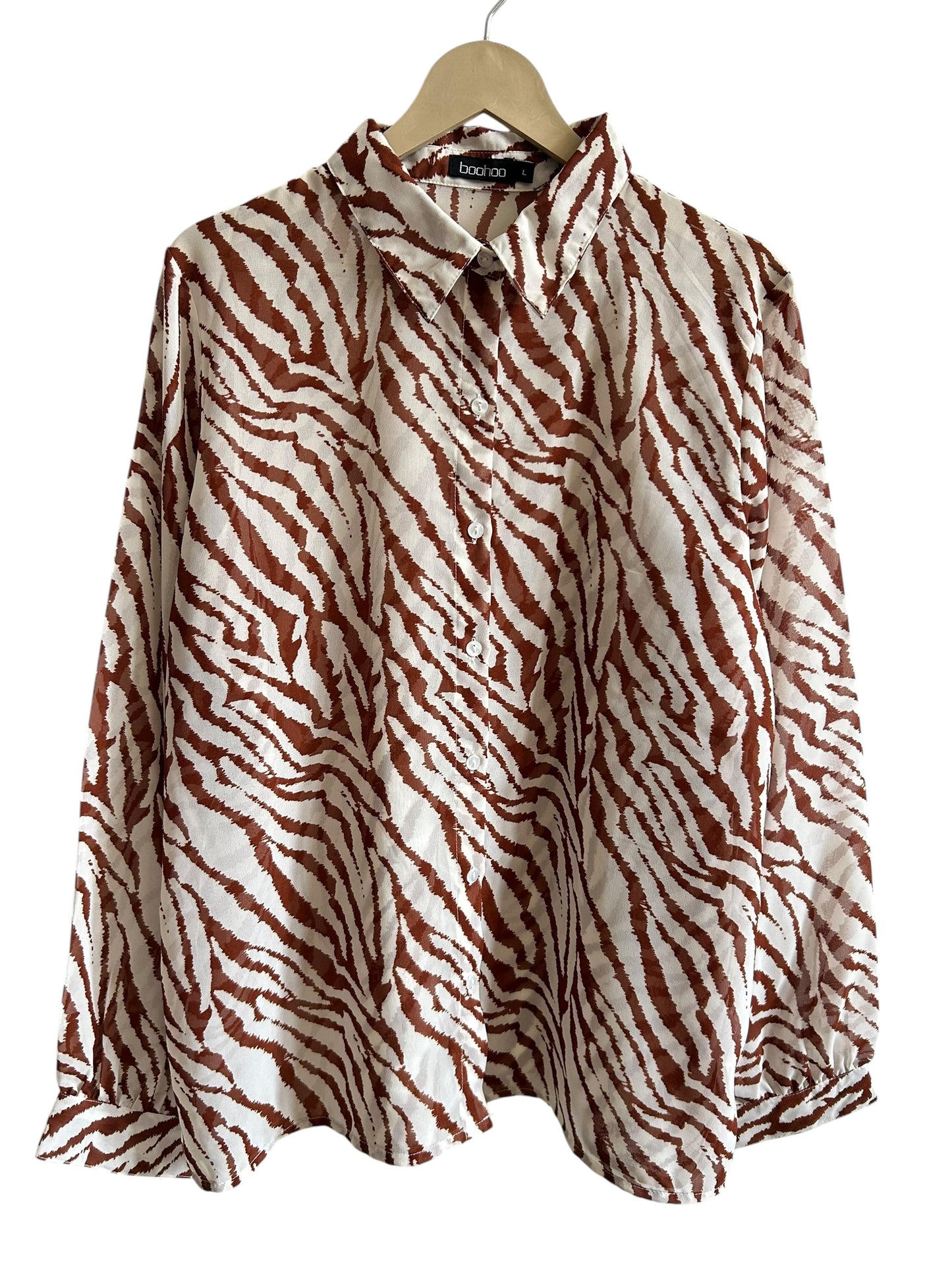 BOOHOO White and brown zebra print long-sleeve blouse