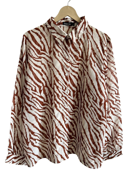 BOOHOO White and brown zebra print long-sleeve blouse