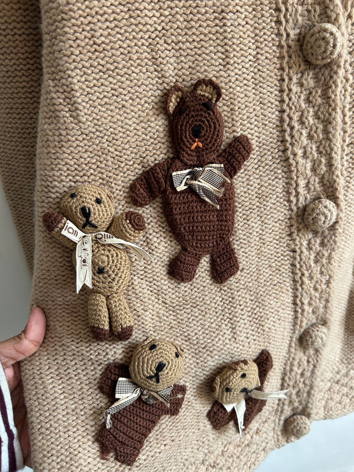 Vintage Crochet Teddy Bear Knit Brown Cardigan