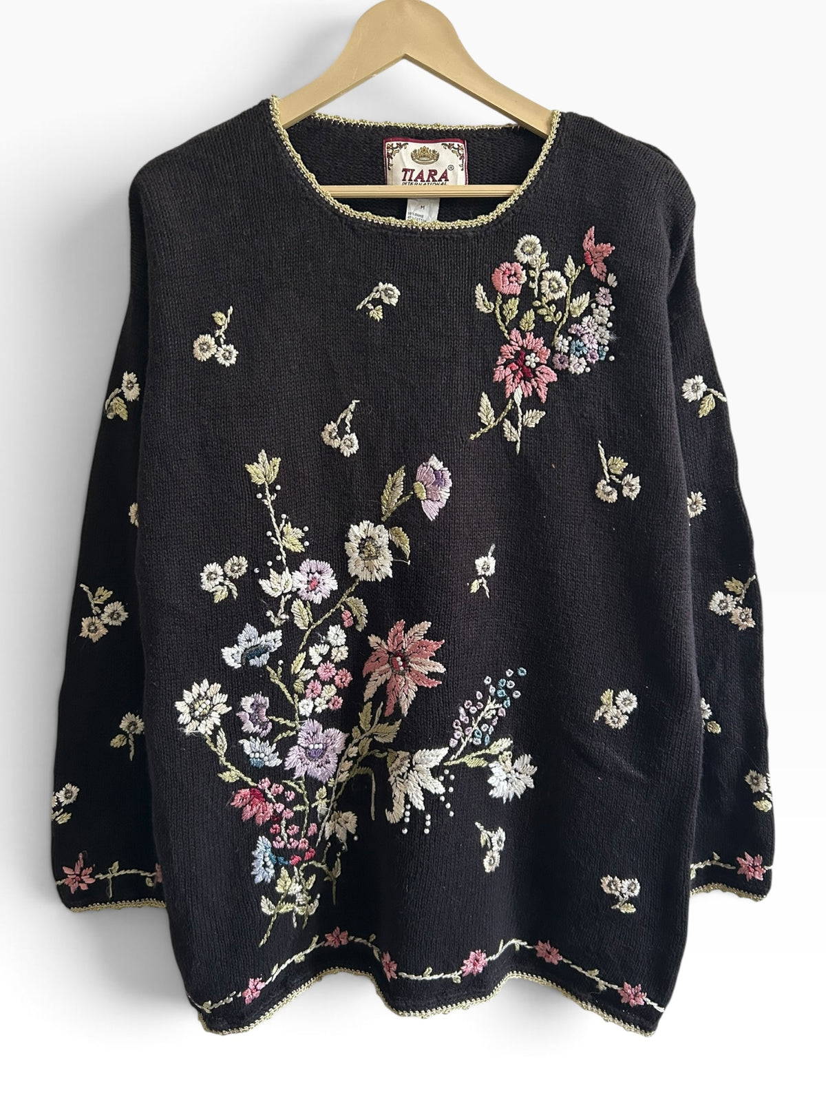 Vintage Floral Embroidered Black Sweater