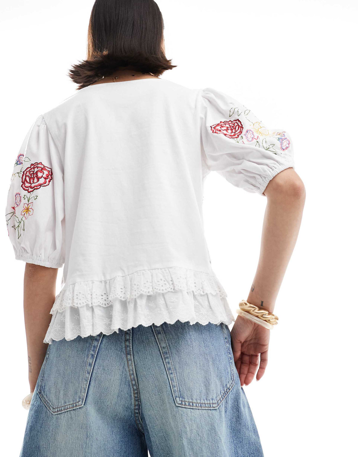 ASOS DESIGN tie front top with floral embroidery