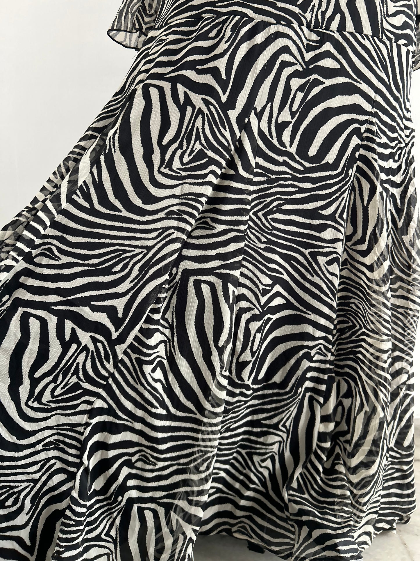 Boohoo Chiffon Ruffle Zebra Fit & Flare Maxi Dress in black