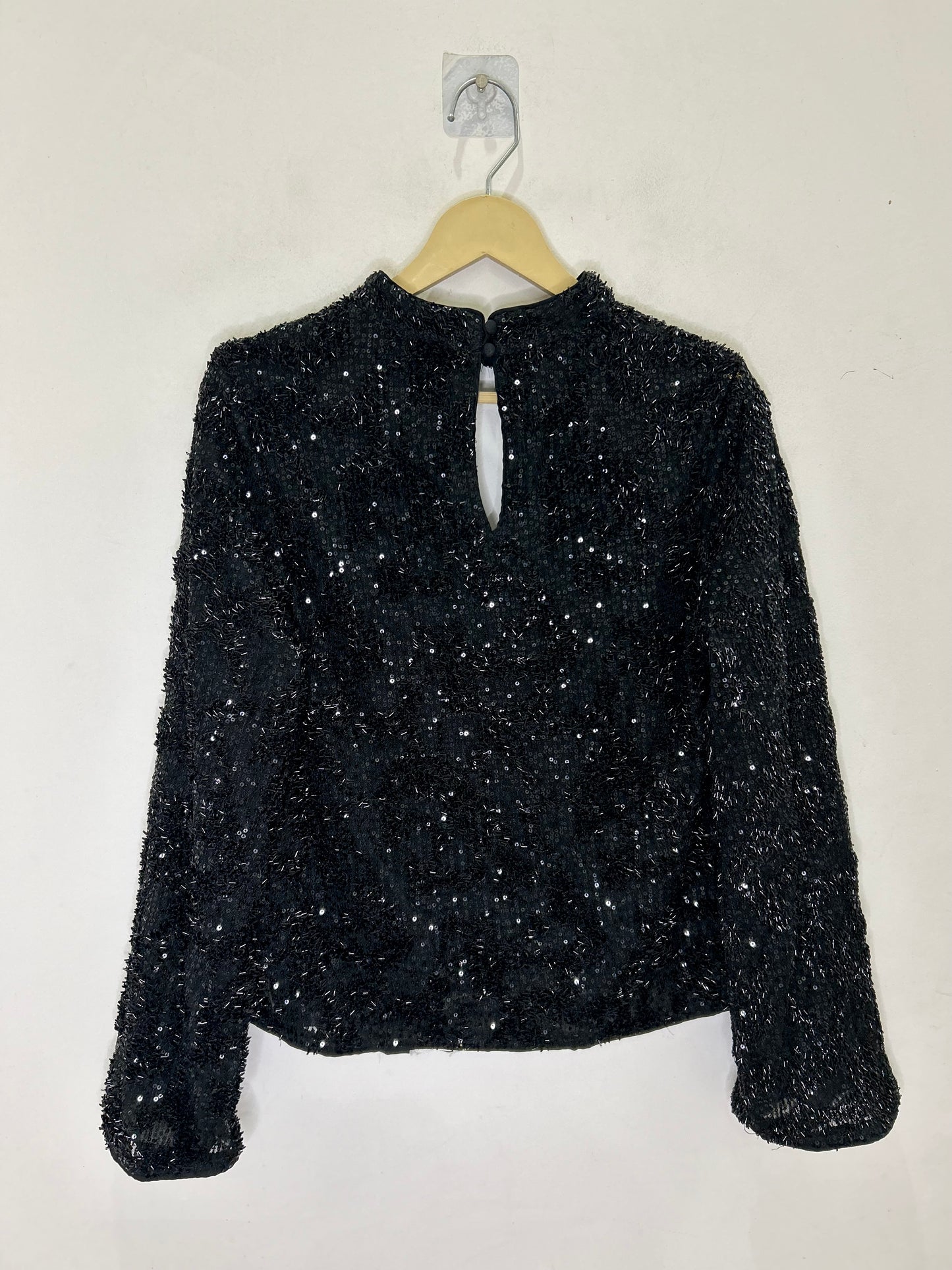 Black Sequin Keyhole Long Sleeve Top
