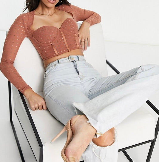 ASOS DESIGN hotfix crystal stud bust cup corset top in blush