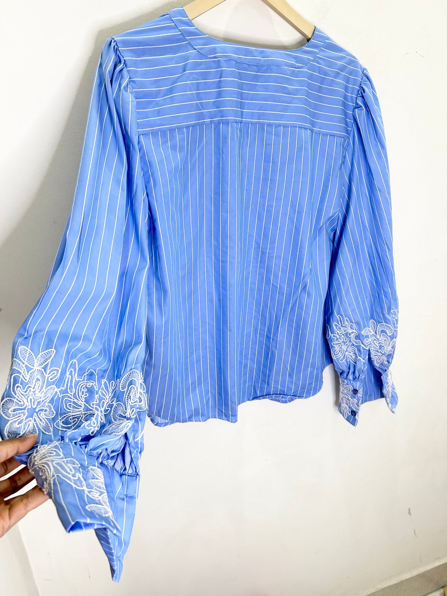 Striped Embroidered Cuff Blouse Top