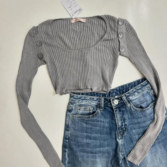 Grey Detachable Sleeves Top
