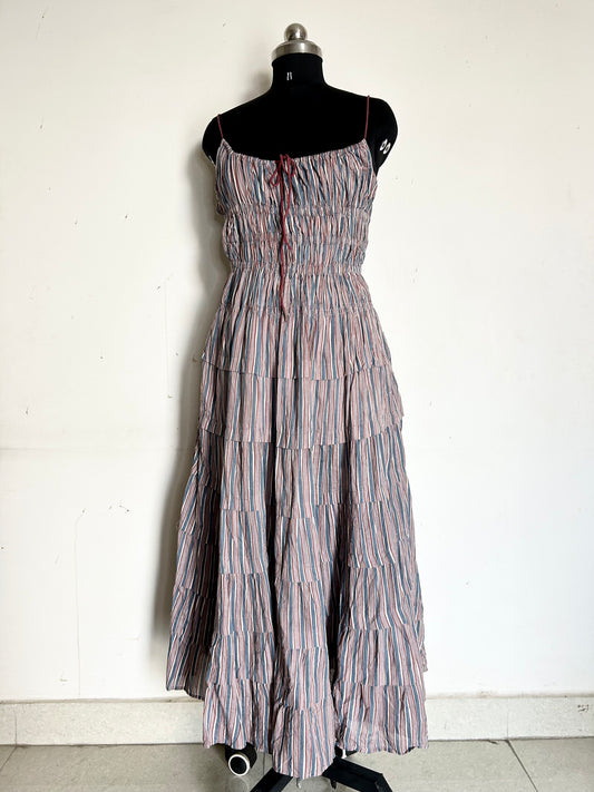 Striped Blue-Grey Cotton Ruffle Dress