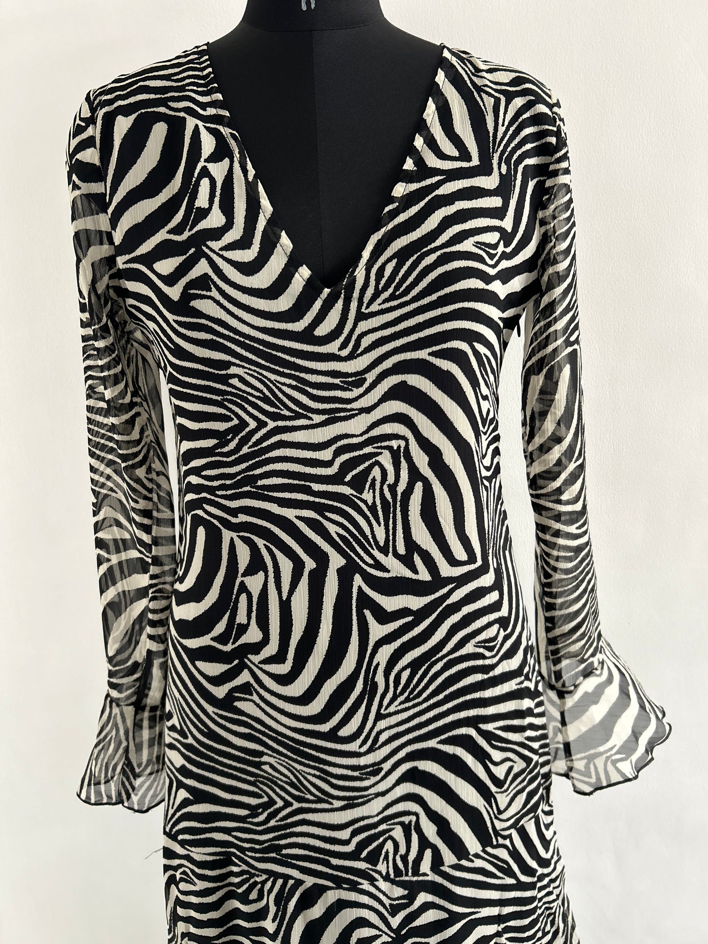 Boohoo Chiffon Ruffle Zebra Fit & Flare Maxi Dress in black