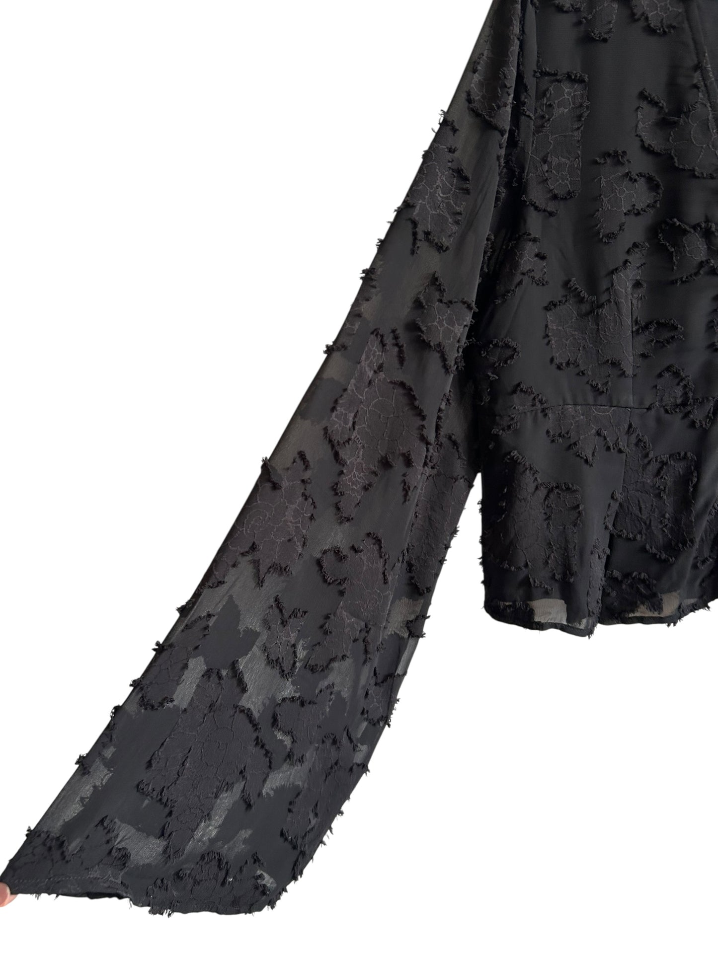 BOOHOO Floral textured button-down blouse with voluminous sheer sleeves.