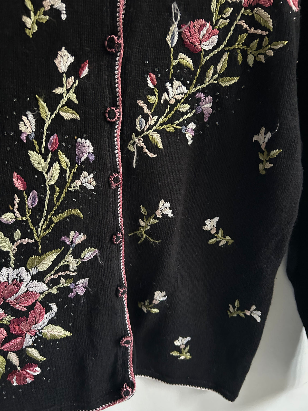 Vintage Floral Embroidered Black Cardigan