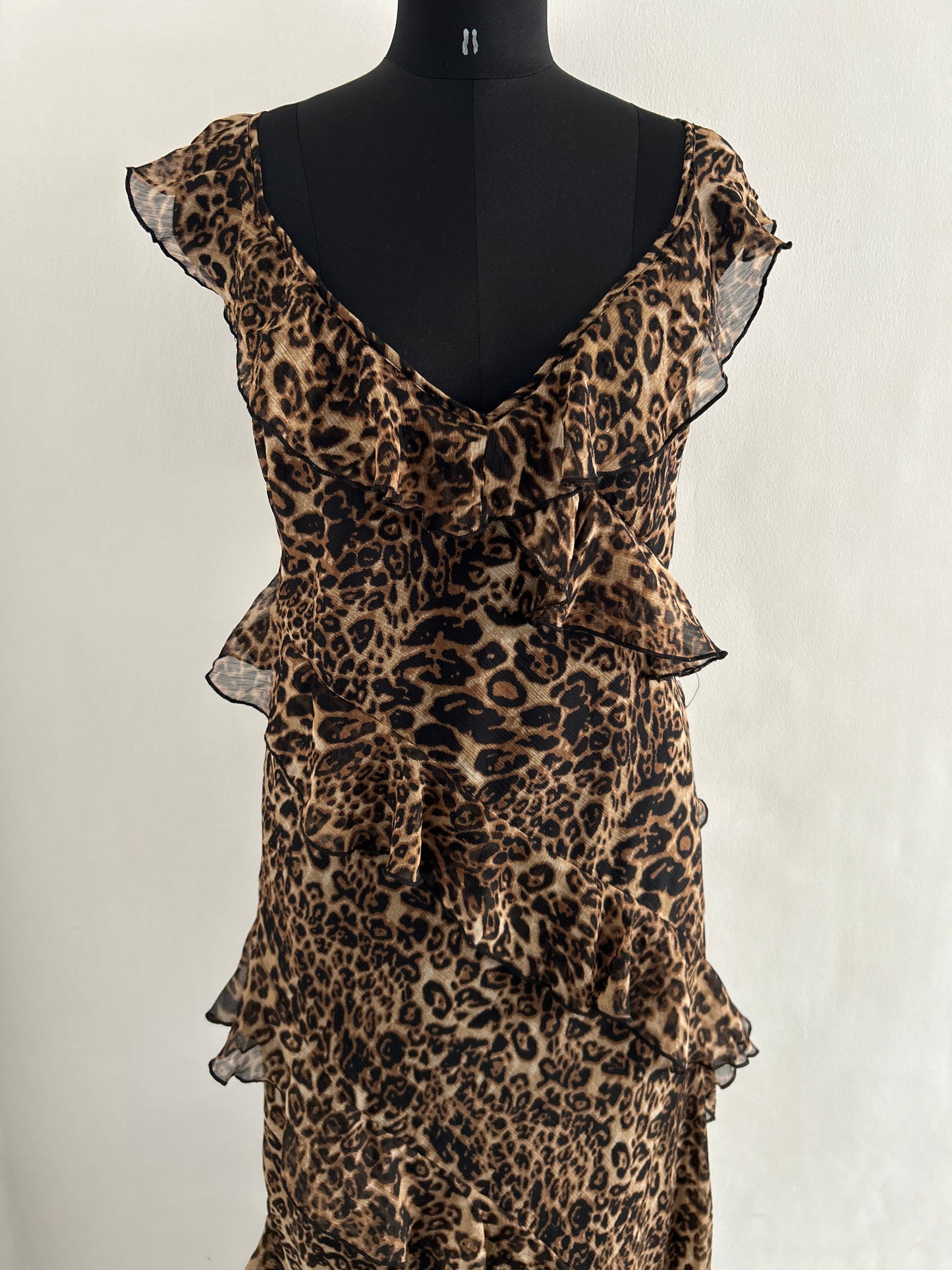 Boohoo leopard print chiffon maxi dress featuring cascading ruffles and spaghetti straps