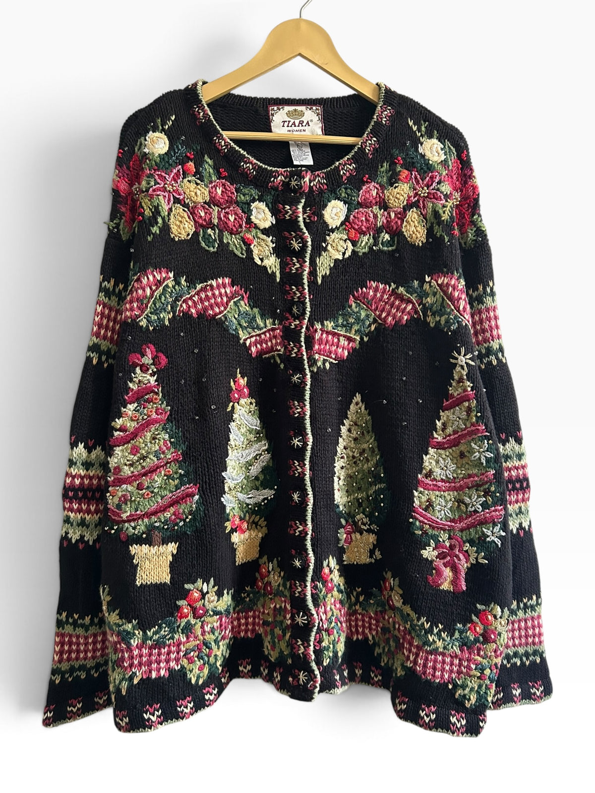 Vintage Christmas Tree Knit Black Cardigan