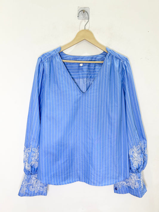 Striped Embroidered Cuff Blouse Top