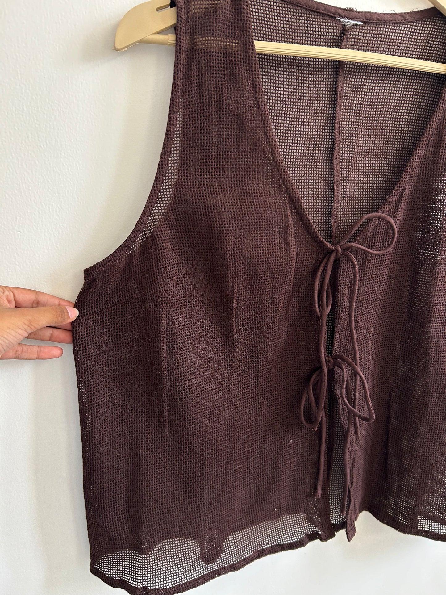 Brown Mesh Knot Top