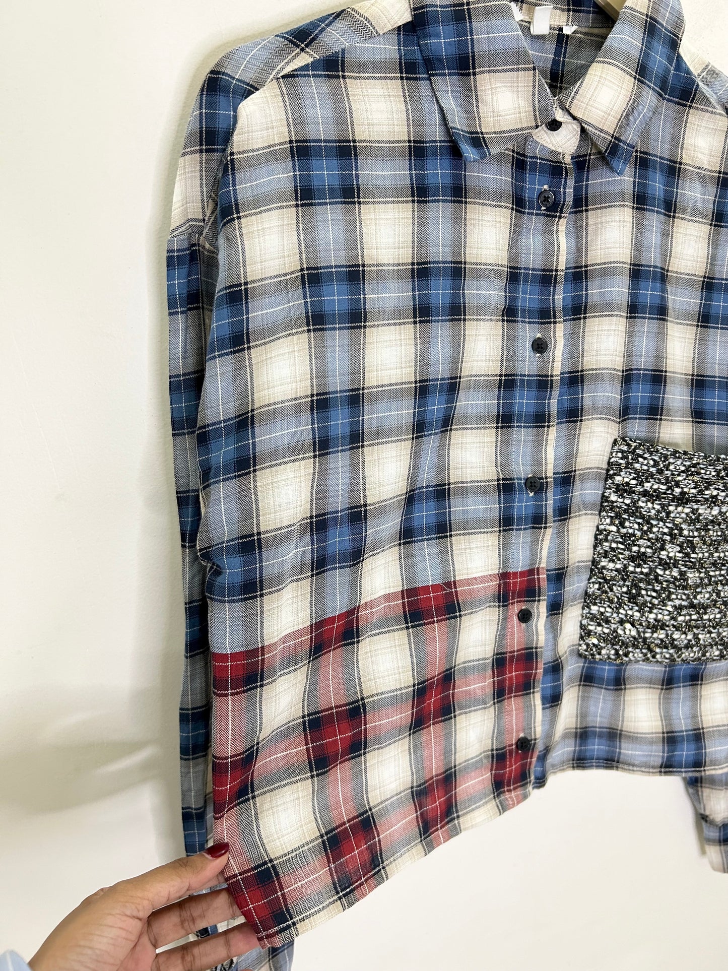 Crop Checked Shirt with Tweed Pocket