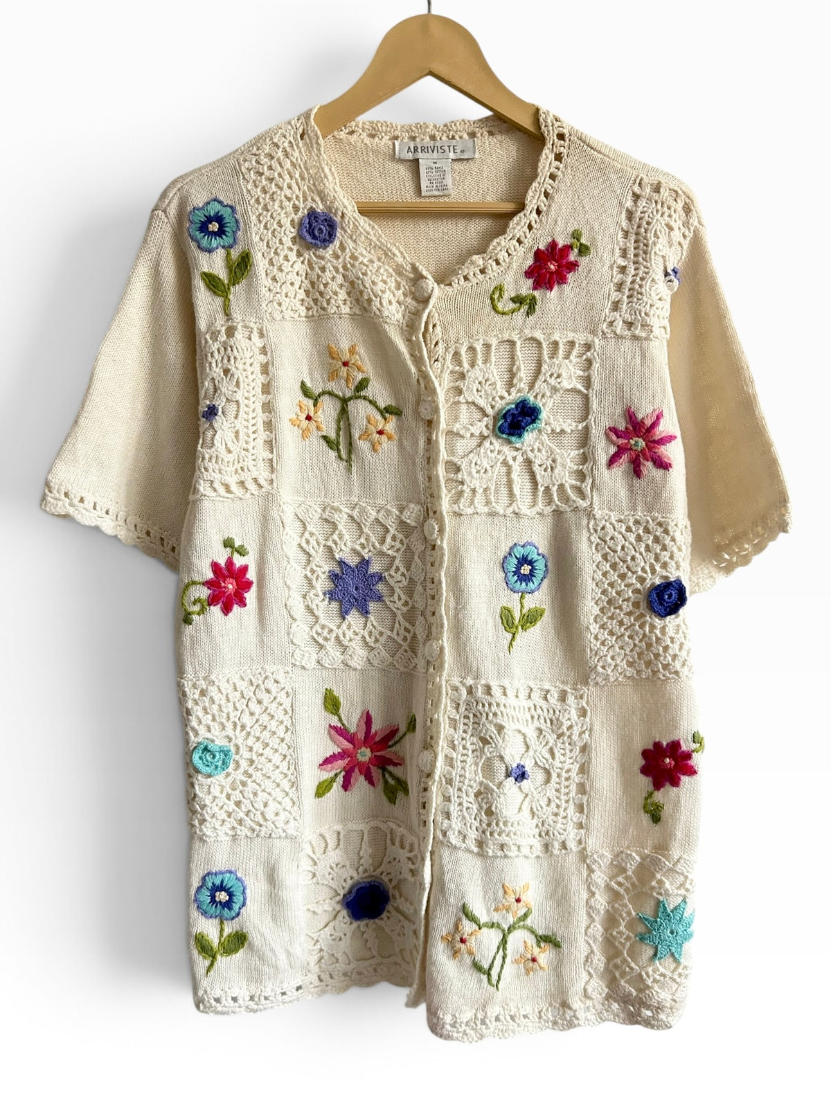 Vintage Crochet Granny Square Short Sleeve Cardigan