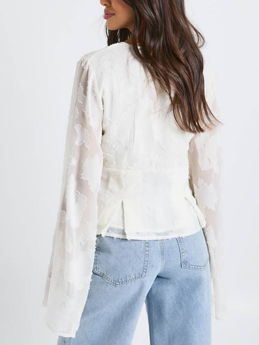 BOOHOO floral textured button down blouse features statement bell sleeves
