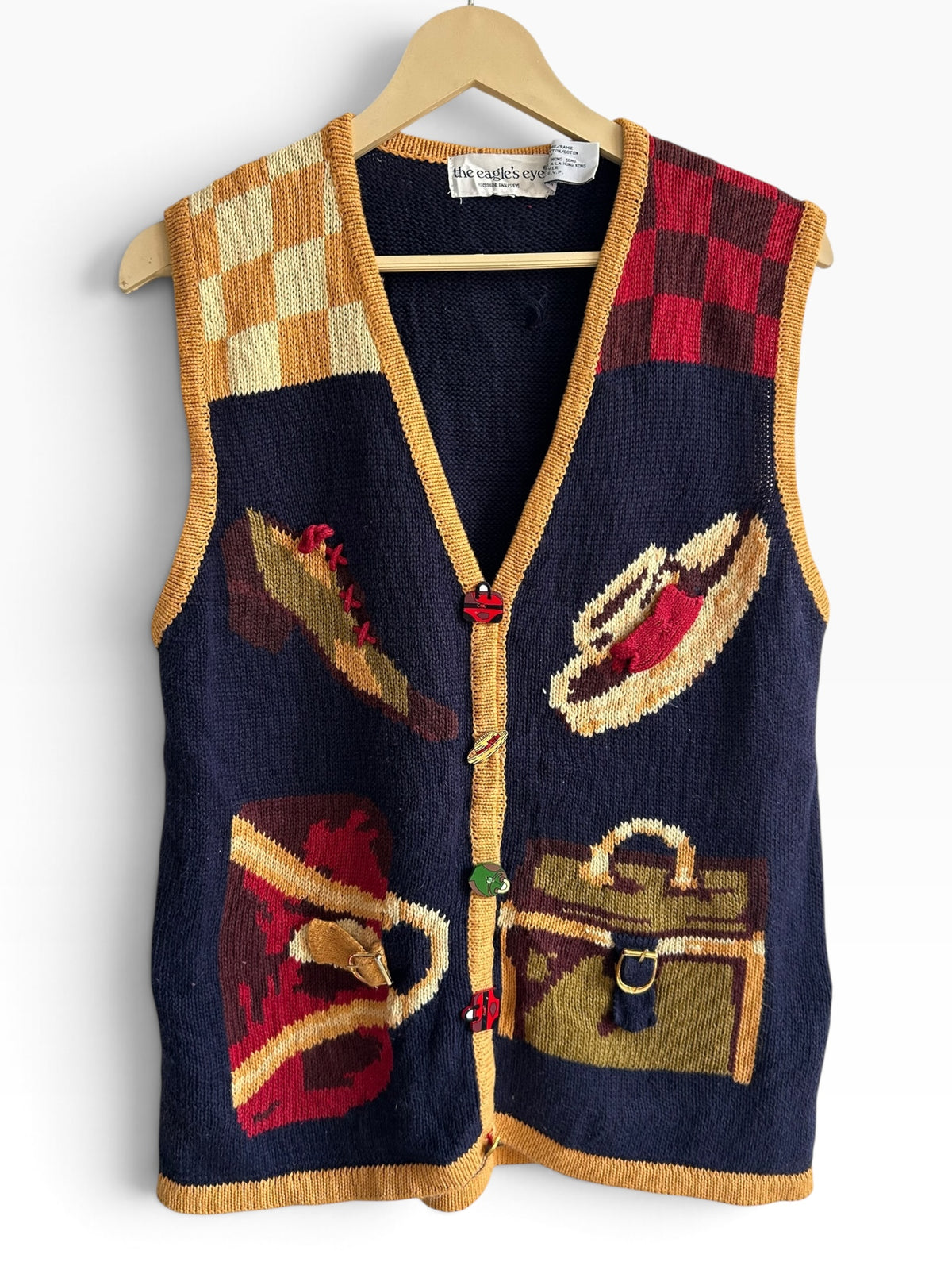 Vintage Travel Motif Knit Blue Vest
