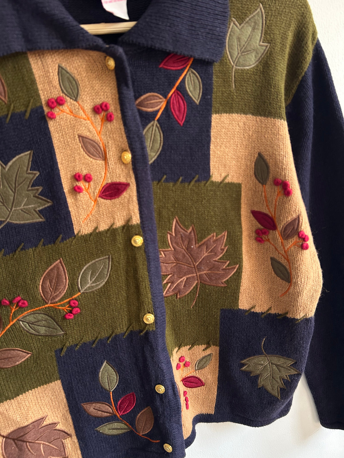Vintage Autumn Leaf Patchwork Knit Navy Blue Cardigan