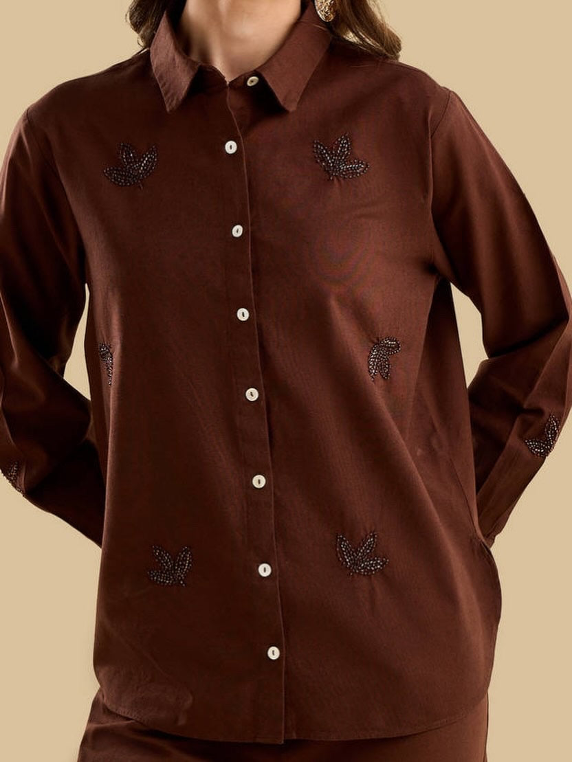 Brown Cotton Sequince Shirt:50”