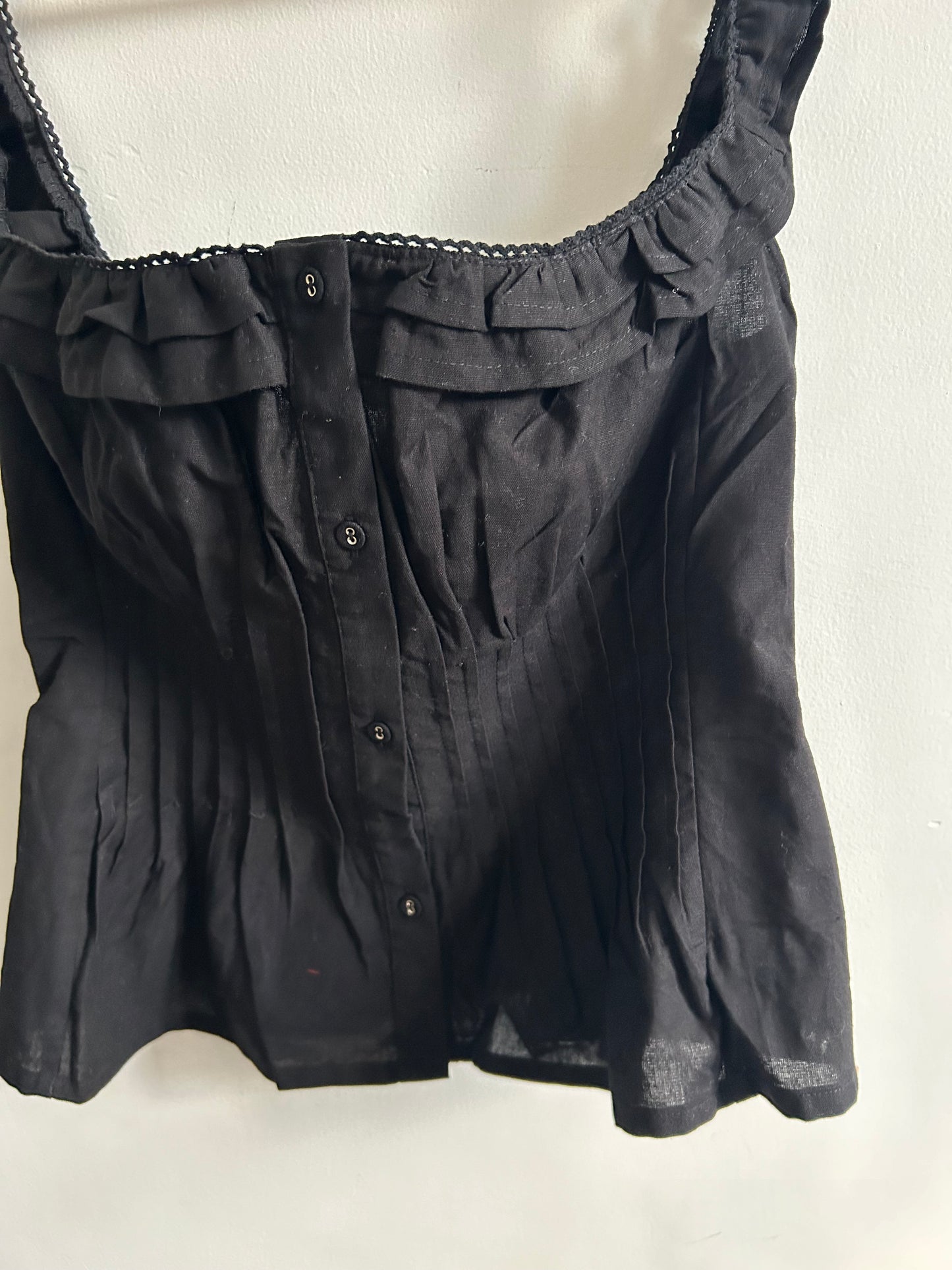 PrettyLittleThing Black Cotton Square Frill Neck Pleated Top.