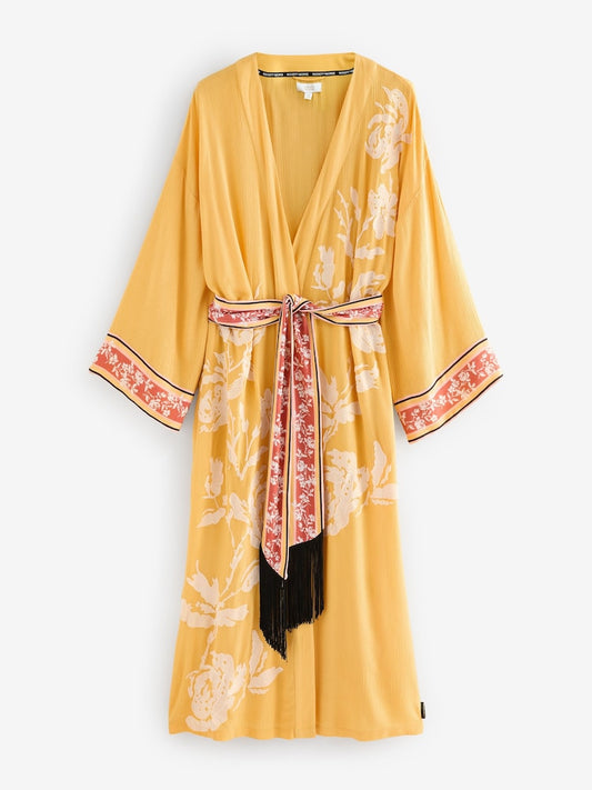 Rockett St George Ochre Yellow Floral Print Embroidered Robe: Bust-46/48
