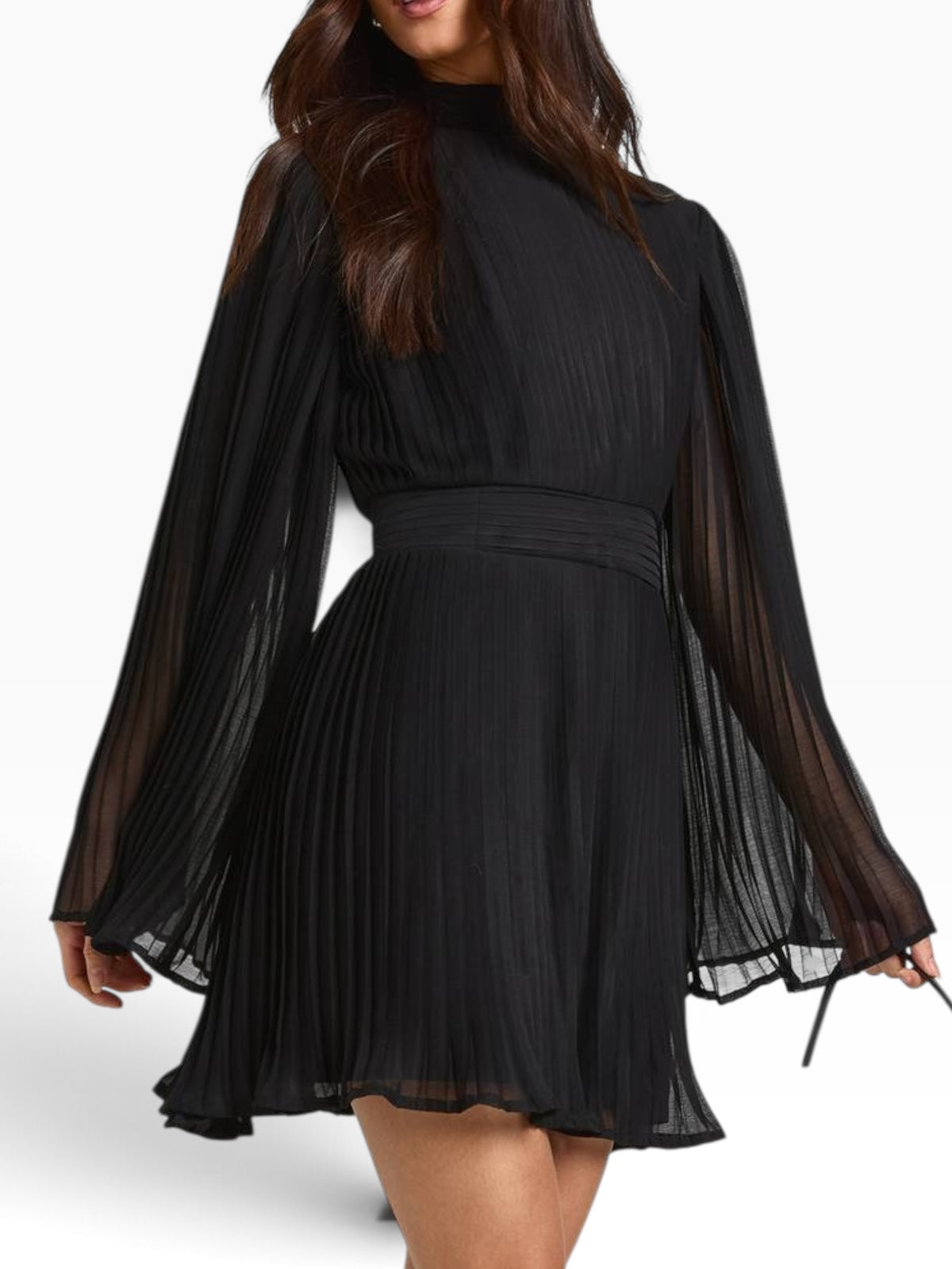 Black Pleated Flared Sleeves Dress
