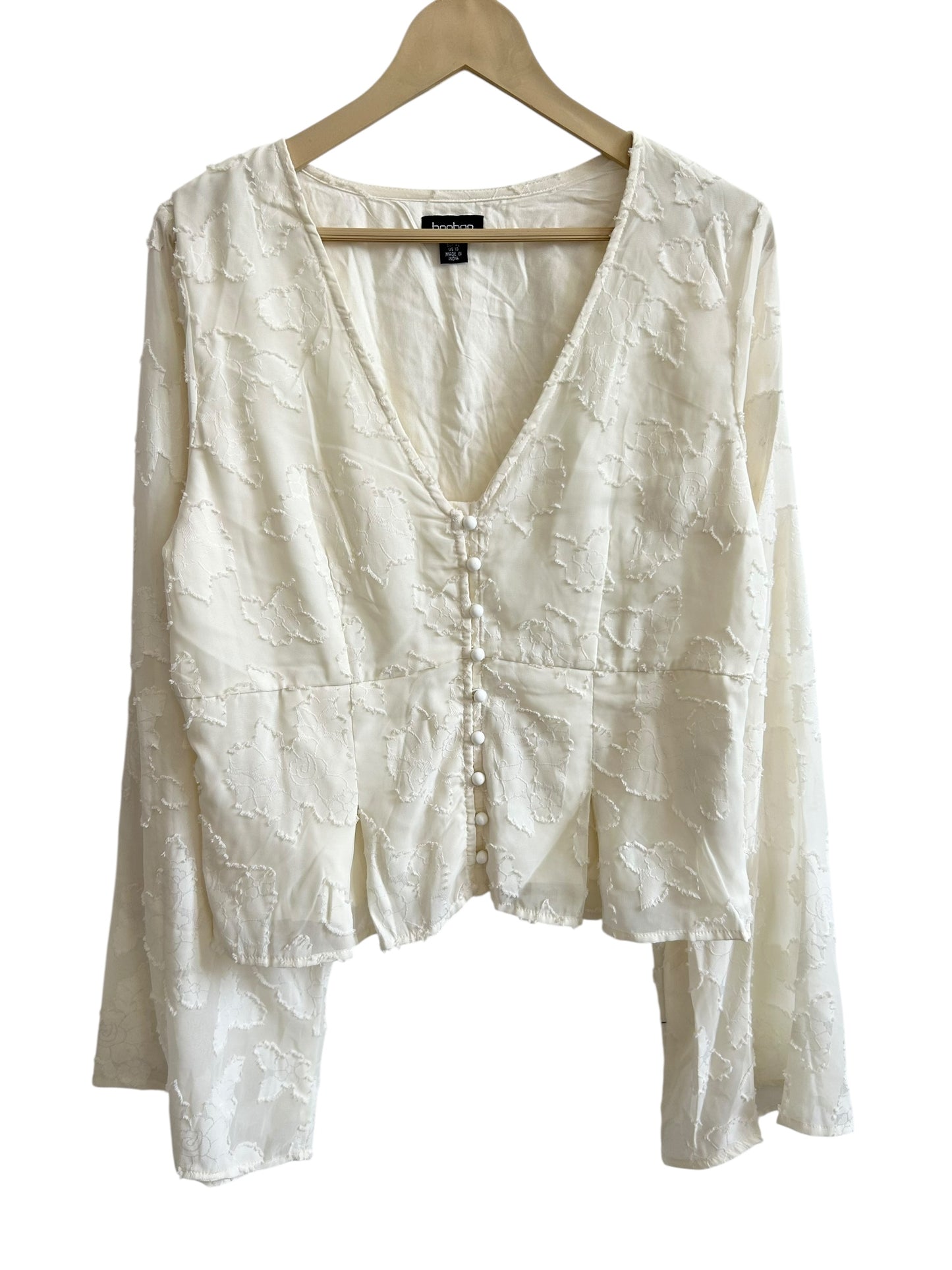 BOOHOO floral textured button down blouse features statement bell sleeves