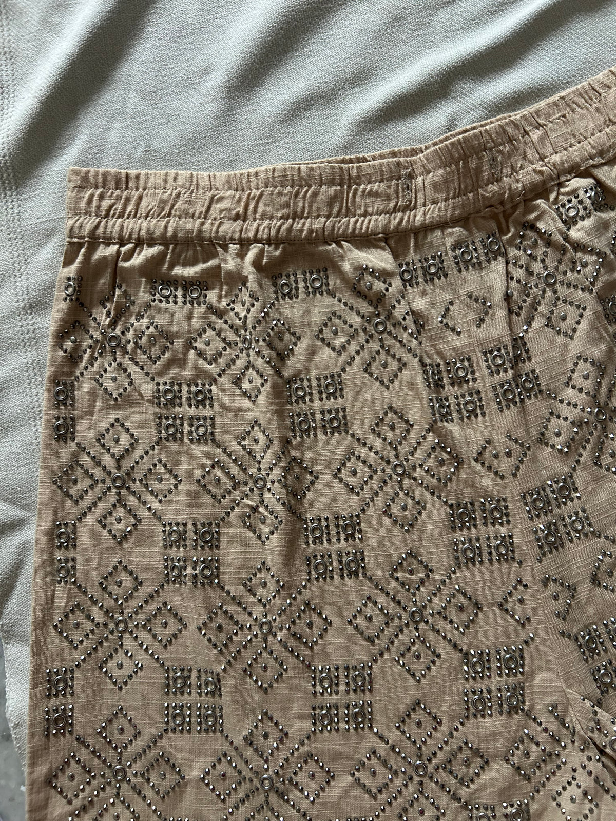 Beige Cotton Embellished Shorts: 32”