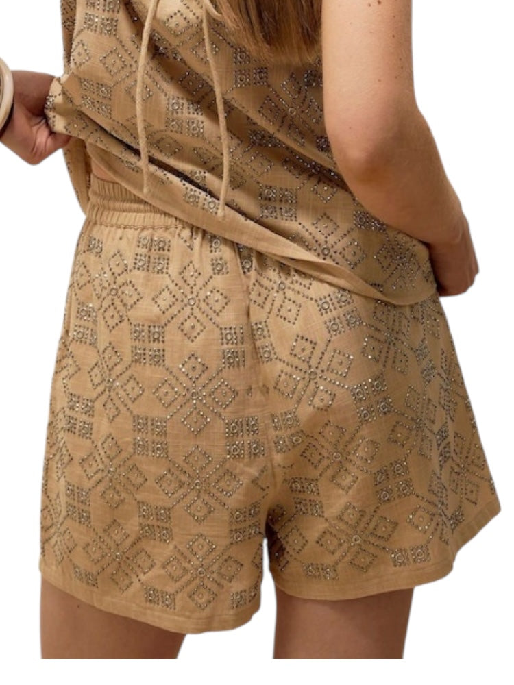 Beige Cotton Embellished Shorts: 32”
