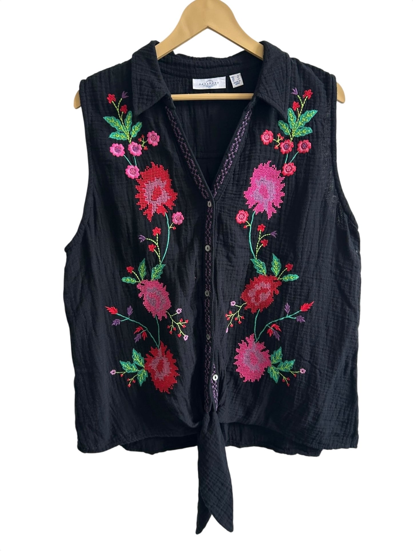 Black Cotton Embroidered Knot Top