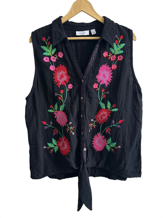 Black Cotton Embroidered Knot Top